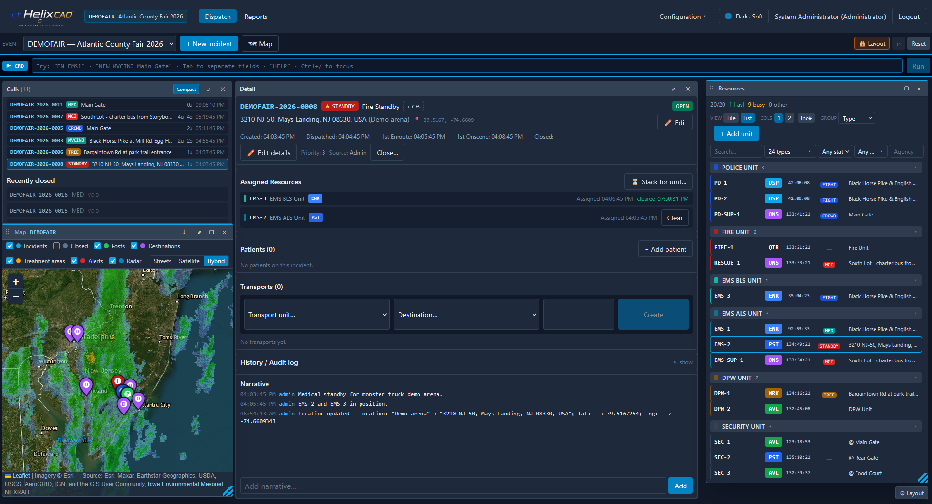 ctHelixCAD dispatcher console showing units, active incidents, posts map, and operations log