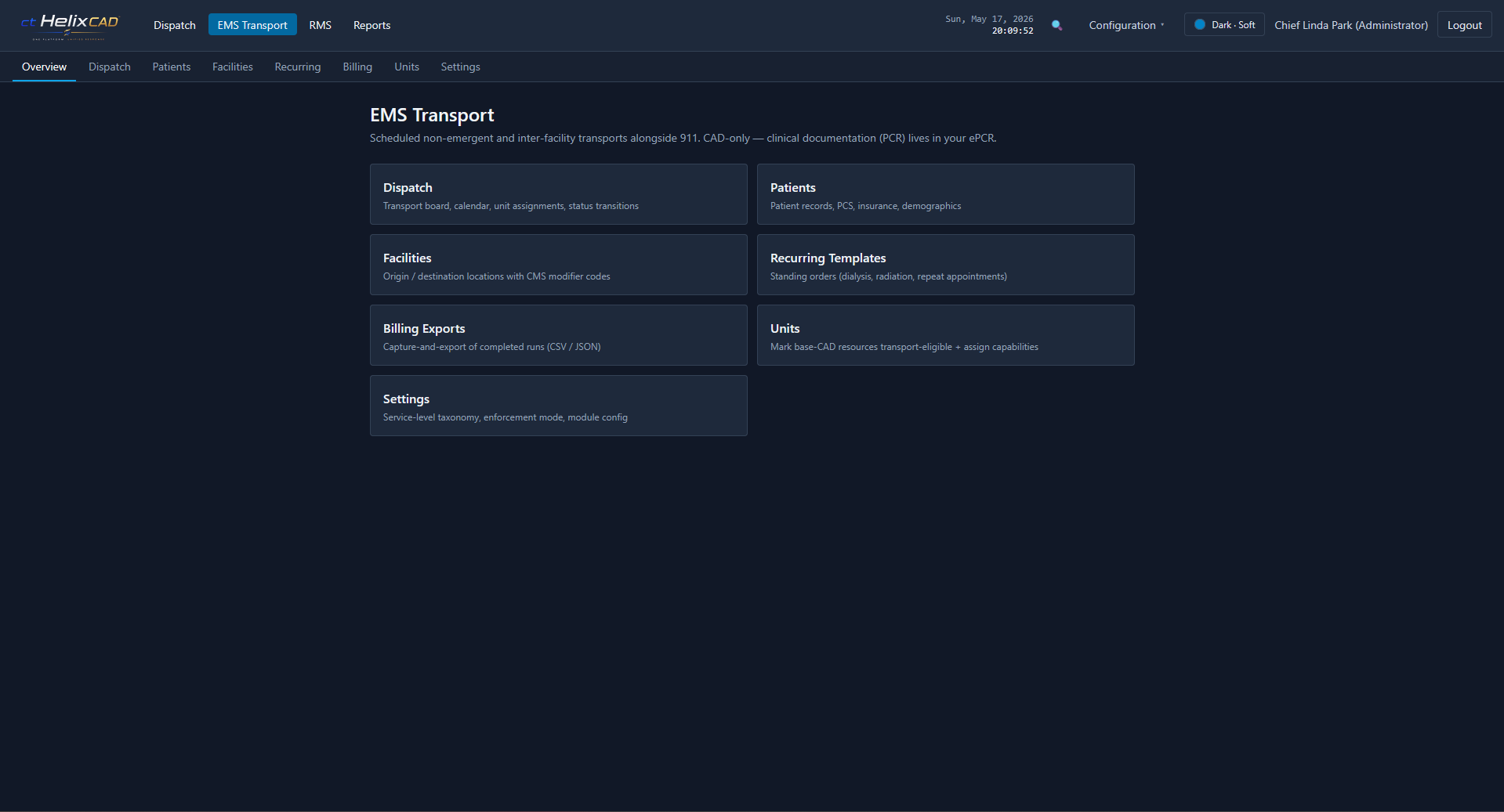EMS Transport module overview with Dispatch, Patients, Facilities, Recurring Templates, Billing Exports, Units, and Settings cards