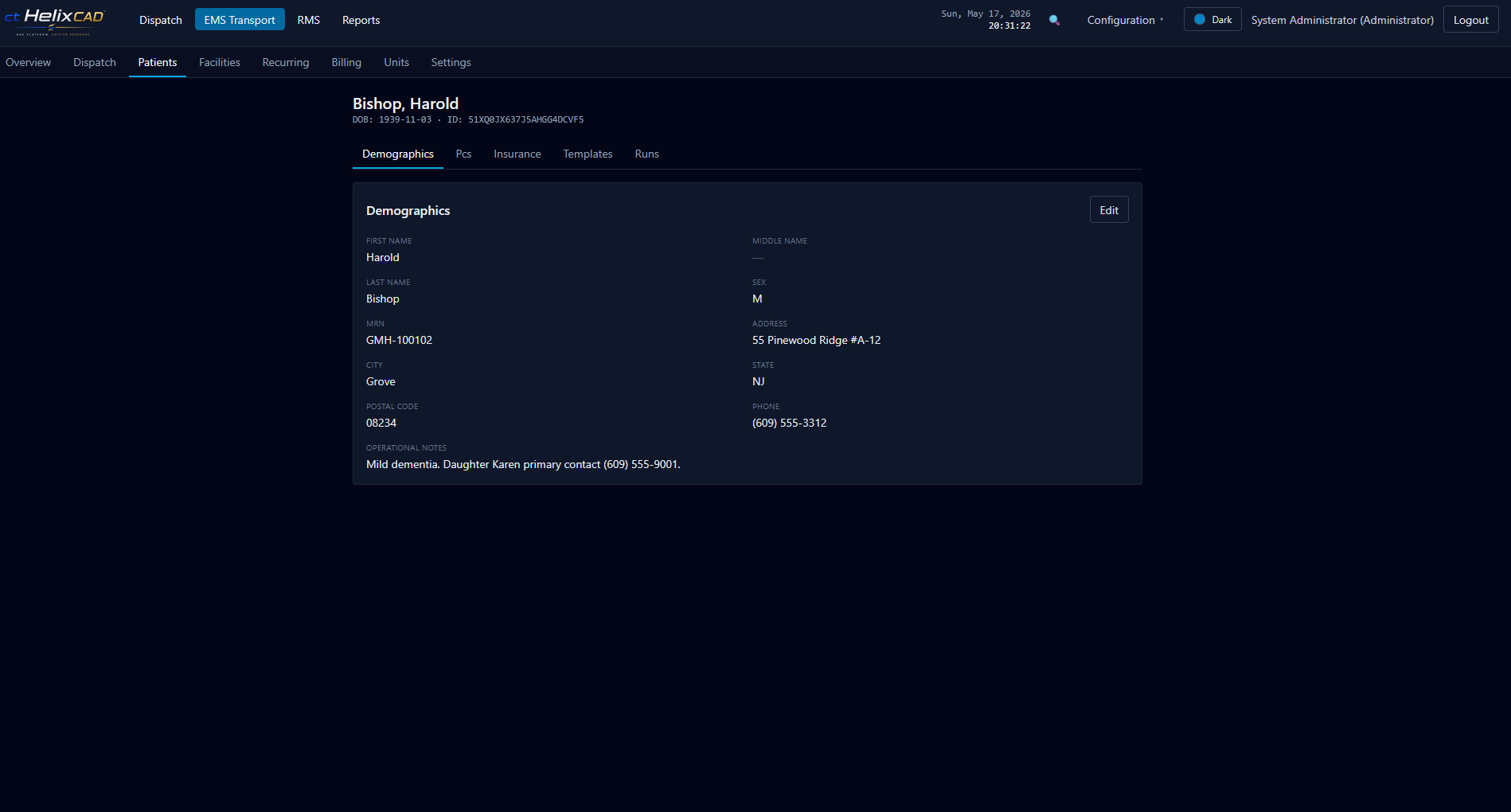 EMS Transport patient detail with demographics, MRN, address, phone, and operational notes