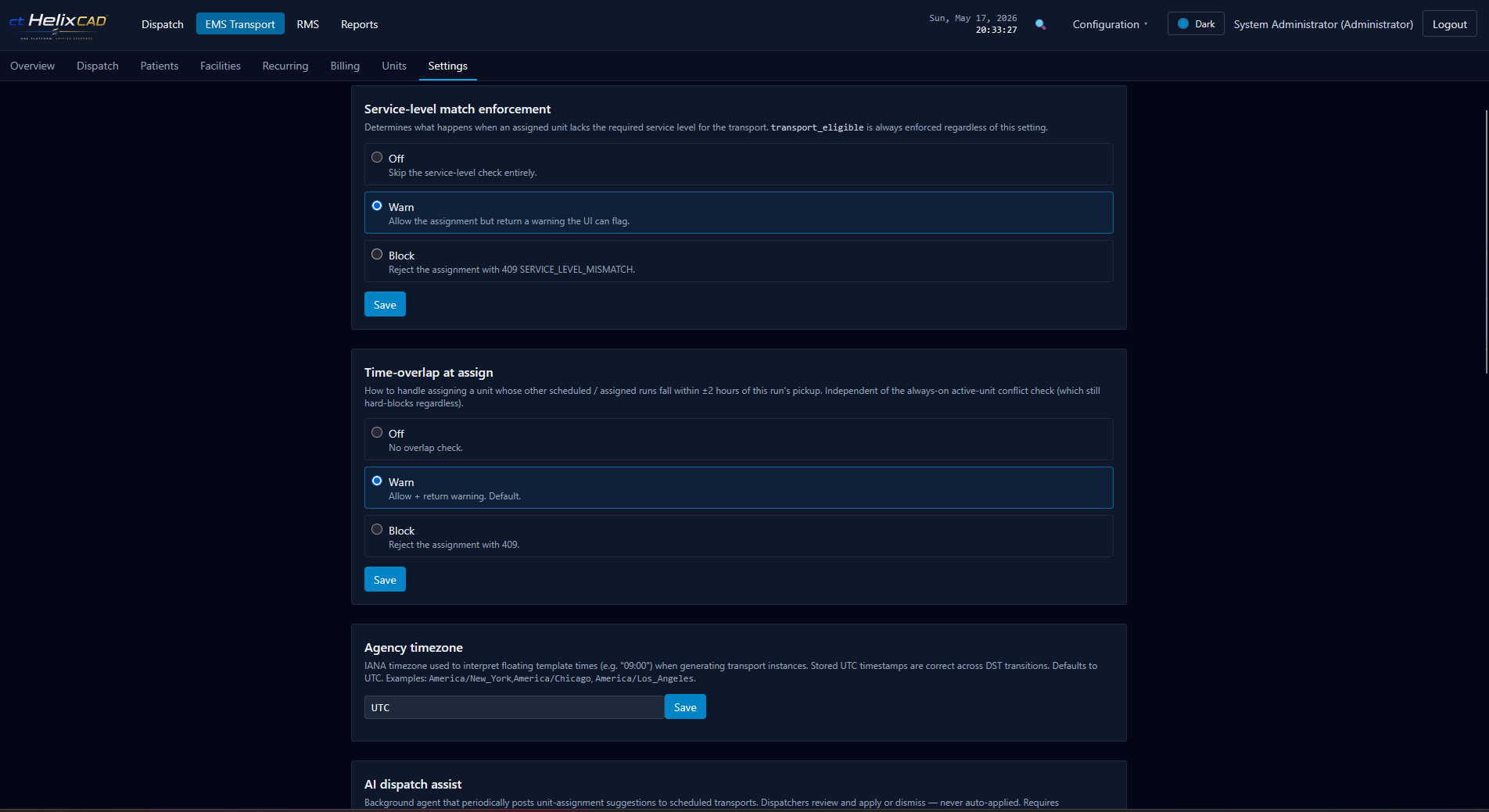 EMS Transport settings showing service-level match enforcement (Off / Warn / Block), time-overlap-at-assign enforcement, and agency timezone configuration