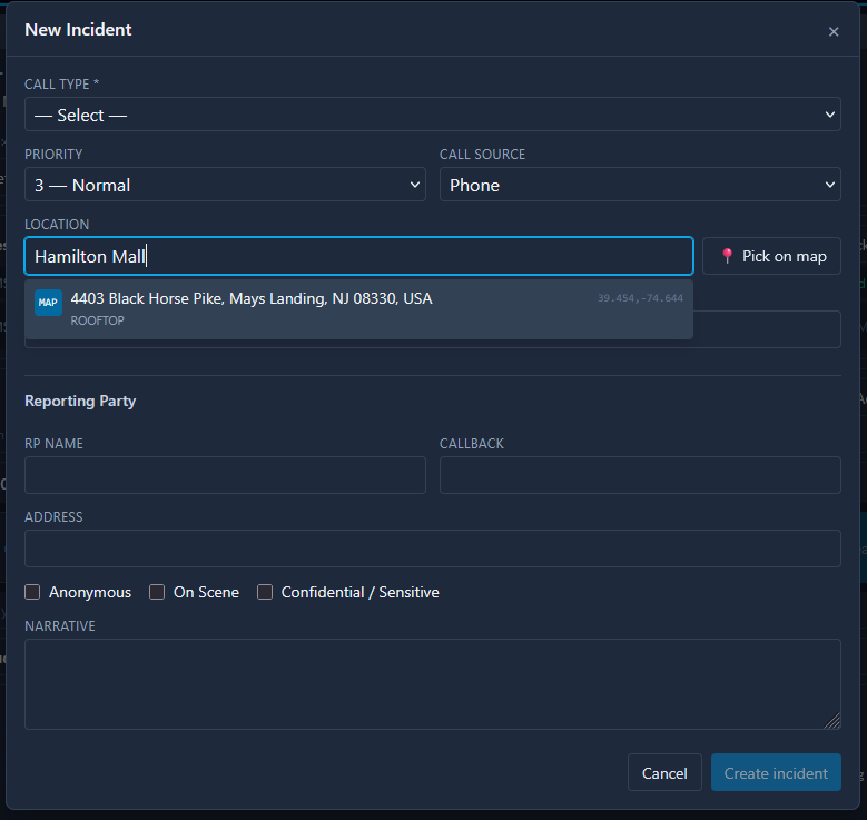 New Incident dialog with call type, priority, call source, geocoded location with map pick, and reporting party fields