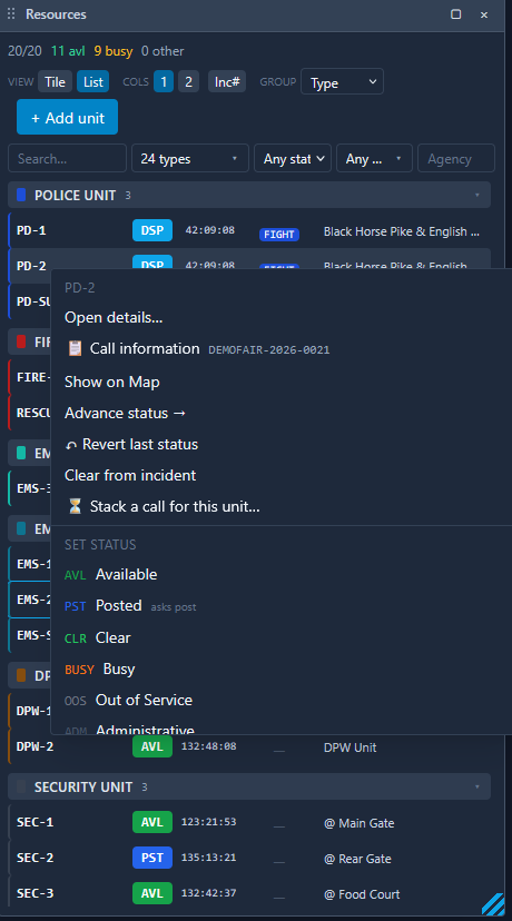 Resources panel with context menu showing Advance status, Revert last status, Clear from incident, Stack a call, and Set Status options
