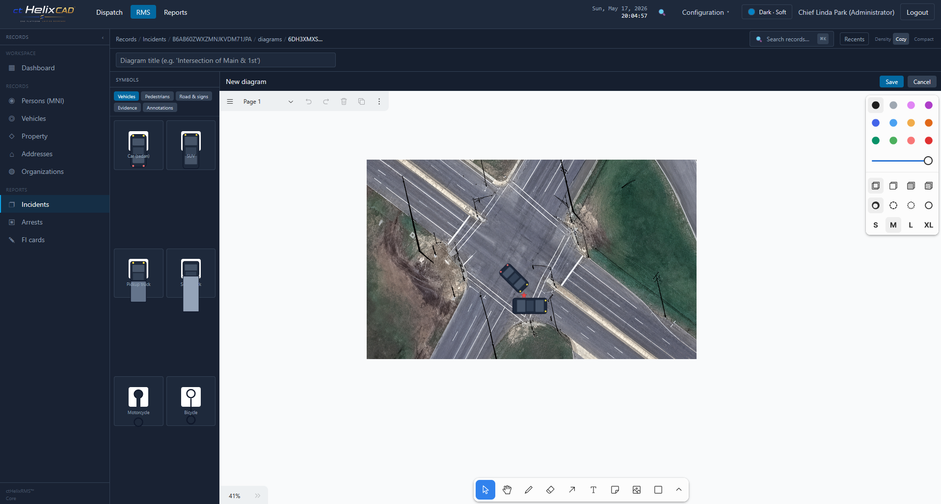 ctHelixRMS scene diagram editor with an aerial intersection overlay and vehicle symbols placed on the diagram