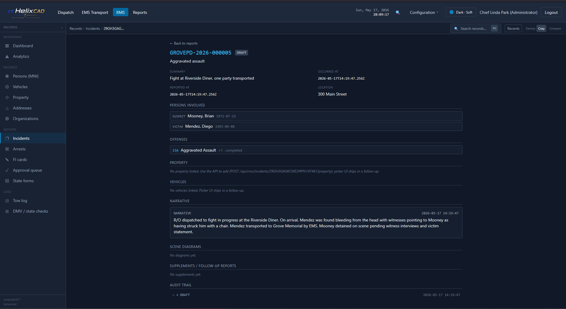 ctHelixRMS incident report showing offense type, persons involved, NIBRS-coded offenses, narrative, and audit trail
