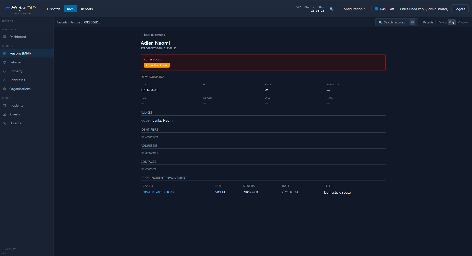 ctHelixRMS Master Name Index person detail with active flags, demographics, aliases, identifiers, and prior incident involvement